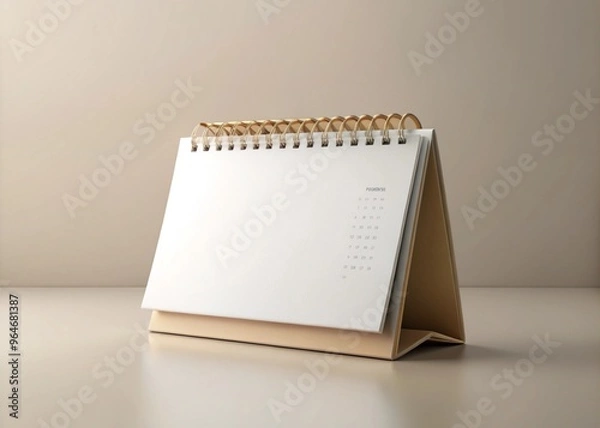 Obraz Empty spiral desk calendar 3d mock-up in table home and office Blank 3D table calendar. Office and home decor. Bright minimal background photo for your content
