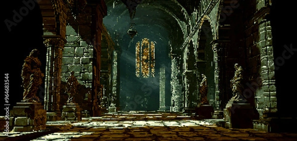 Fototapeta 8bits pixel art of inside an ancient Gothic castle, dark fantasy, ancient statues and large arches with marble decorations