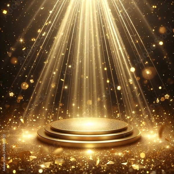 Fototapeta Luxurious golden party stage with lighting and golden glitters, A grand, opulent award ceremony stage adorned with golden light lamps concept of premium product marketing.