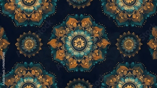 Obraz Teal and Gold Mandala Pattern Seamless Background