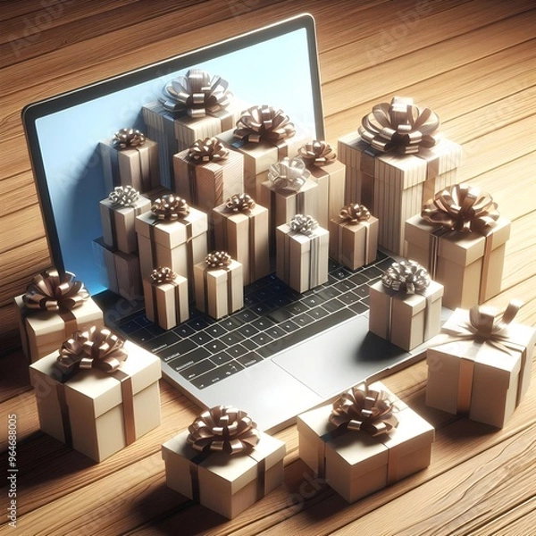 Fototapeta Shopping box on laptop, Online shopping. Cardboard box with a shopping cart logo in a trolley on a laptop keyboard payment by credit card and offers home delivery.