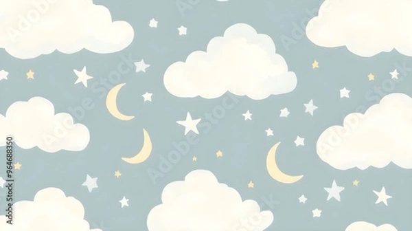 Fototapeta Cute Clouds  Stars  and Moon Seamless Pattern