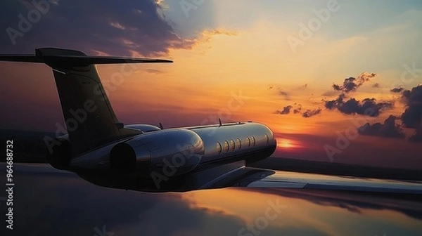 Obraz Private jet flying through sunset clouds