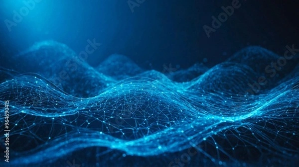 Fototapeta Abstract blue tech background with digital waves, network system with artificial neural connections and cyber quantum computing