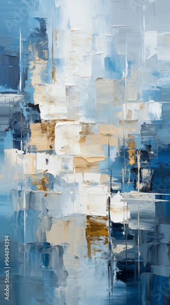 Fototapeta An abstract oil painting on a large canvas, created with palette knives of various sizes. The composition features a blend of cool, 