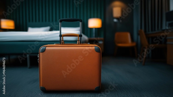 Fototapeta A small orange suitcase with a retractable handle is placed in the center of a modern hotel room with contemporary furnishings and warm lighting.