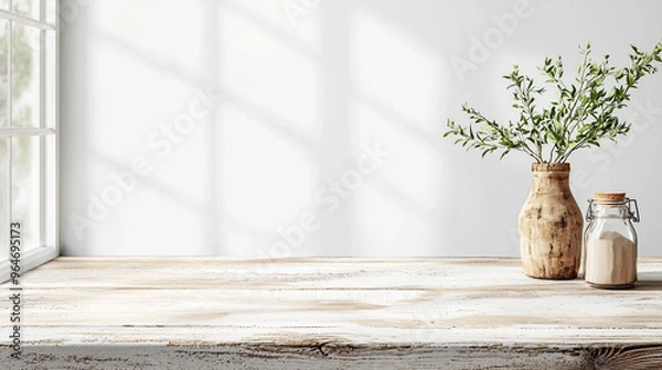 Fototapeta A wooden table with a vase and a jar on it