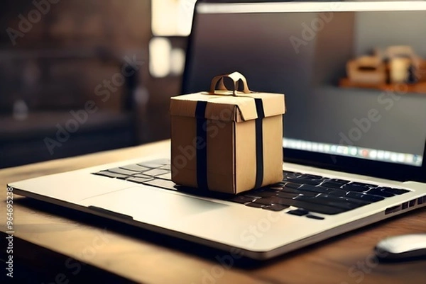 Fototapeta Shopping box on laptop, Online shopping. Cardboard box with a shopping cart logo in a trolley on a laptop keyboard payment by credit card and offers home delivery.