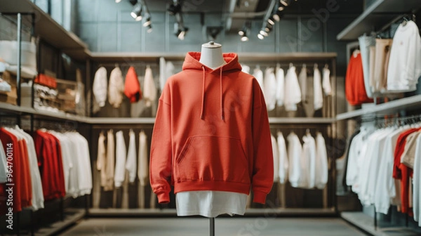 Obraz A red hoodie is displayed in a store