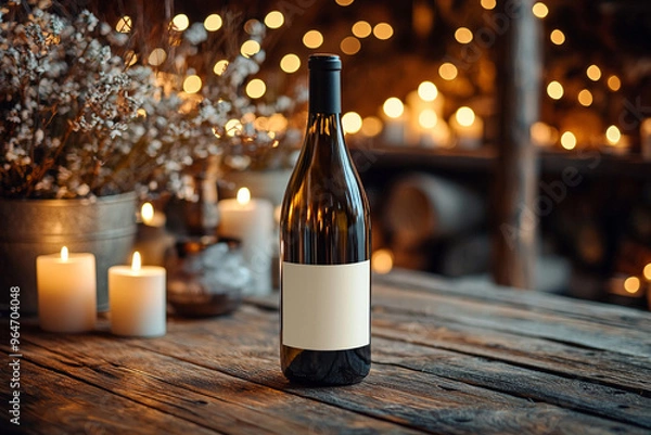 Obraz A bottle of wine is sitting on a wooden table with candles in the background