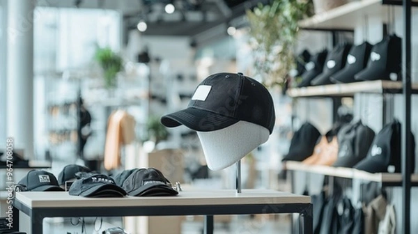 Obraz A store display of hats and shoes with a white hat on a mannequin
