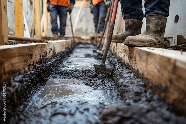 Fototapeta Close-up of construction workers leveling muddy ground with tools
