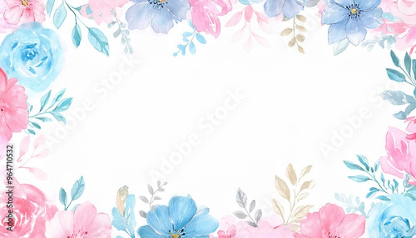 Fototapeta ピンクと水色のお花の水彩画イラストフレーム背景