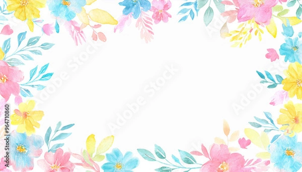 Fototapeta カラフルなお花の水彩画イラストフレーム背景