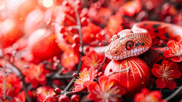 Obraz Beautiful red snake among pink sakura blossoms, symbolizing prosperity and protection during the Chinese New Year festivities 2025. Greeting card. Copy space.