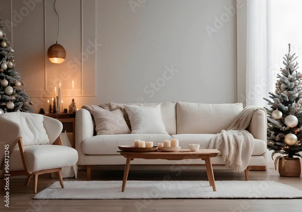 Obraz New year tree and christmas decoration in cosy light living room with sofa in white and creamy colors. AI generated.