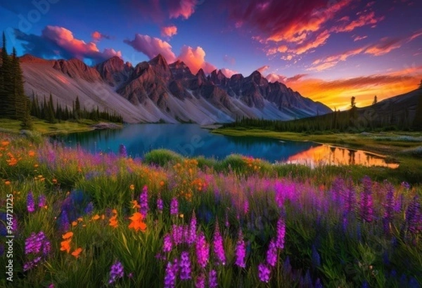 Fototapeta stunning vibrant sunsets casting warm hues over serene majestic mountain vistas surrounded lush greenery clear skies, landscape, sky, color, clouds