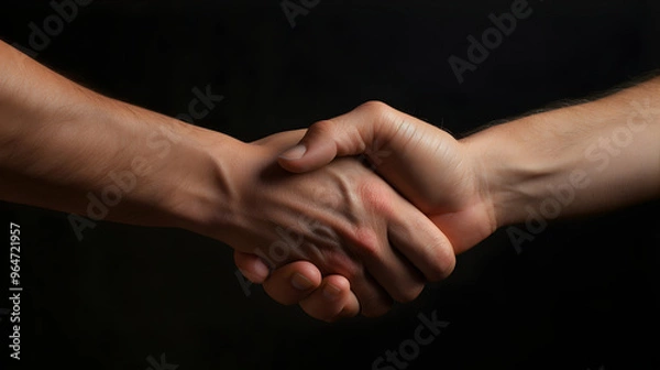 Obraz A close-up view of two hands shaking firmly, symbolizing agreement, partnership, and mutual understanding, highlighting the importance of human connection and cooperation.