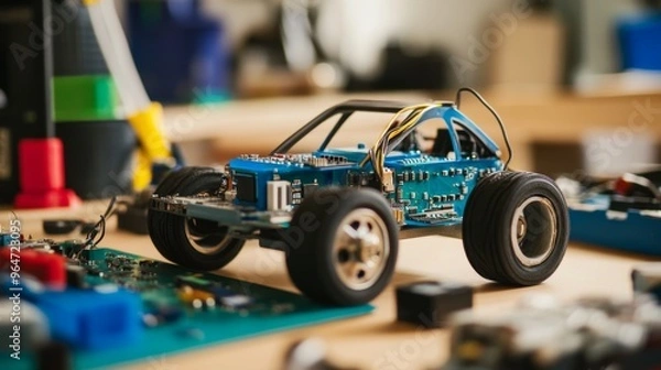 Fototapeta Remote-Controlled Car Model on Workbench