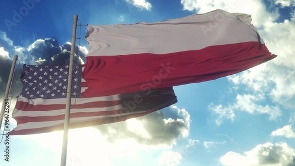 Obraz Poland and United States flag waving in deep blue sky together. 3d illustration