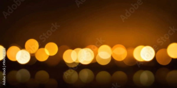 Fototapeta Blurred golden bokeh in warm shades with soft glow and reflection on dark background. For festive design, Christmas project, advertising, promotional content, digital art, social media post, backdrop