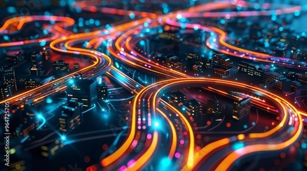 Fototapeta multiple paths glowing in the dark in futuristic roadmap