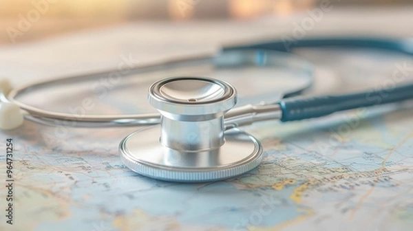 Fototapeta A stethoscope is placed on a map