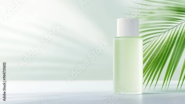 Fototapeta A bottle of lotion is sitting on a table next to a green leaf