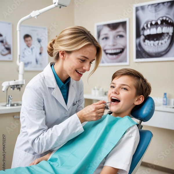 Fototapeta A female dentist treats the teeth of a child in the office. Created with the help of artificial intelligence