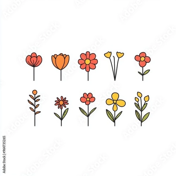 Fototapeta Floral Line Art: A collection of 10 charming hand-drawn floral icons, featuring a variety of flowers in warm, vibrant colors. Perfect for adding a touch of whimsy and nature to your designs. 