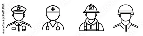 Obraz Heroes in Uniform: Simple line icons representing essential service professions - police, healthcare, fire department, and military. 