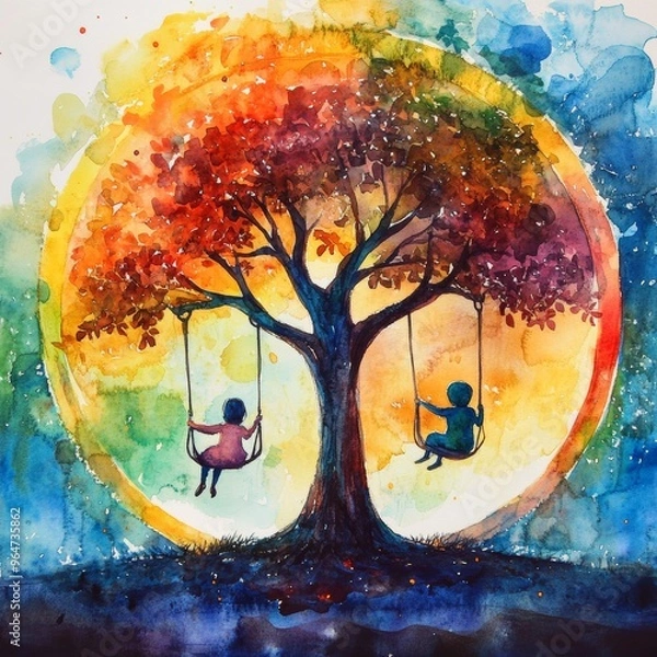 Fototapeta Swinging Under the Rainbow Moon: Two children, silhouetted against a vibrant watercolor moon, swing beneath a tree on a whimsical and enchanting night. The artwork evokes a sense of childhood wonder a