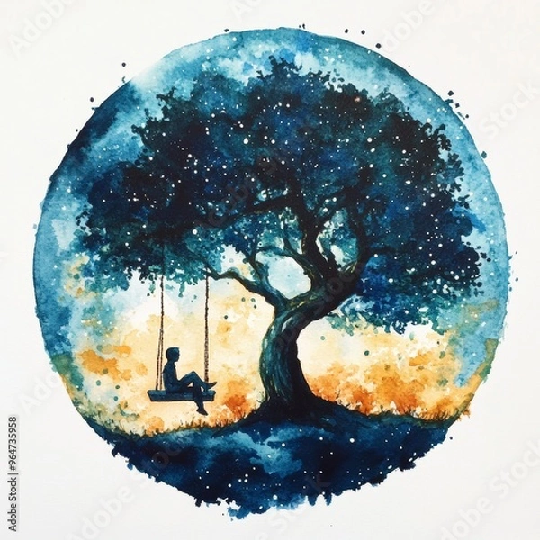 Fototapeta Solitude Under the Cosmic Tree: A lone figure finds solace on a swing beneath a majestic tree, silhouetted against a mesmerizing watercolor moon. 