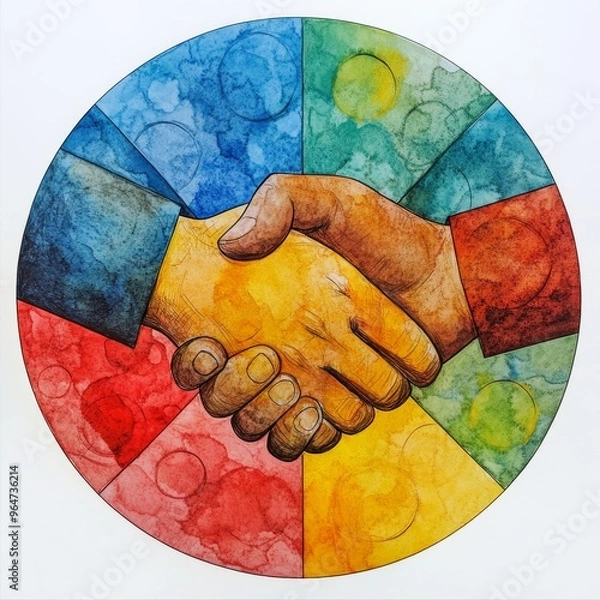 Obraz Handshake of Unity: A vibrant watercolor illustration of two hands shaking, symbolizing unity, collaboration, and partnership.  The handshake is set against a colorful circular background, representin