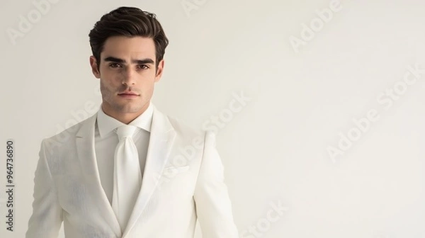 Fototapeta Man in a White Suit and Tie: A man dressed in a crisp white suit and tie, posing confidently against a clean white backdrop.
