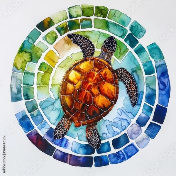 Obraz Sea Turtle Mosaic: A serene watercolor painting captures a graceful sea turtle swimming amidst a mesmerizing mosaic of vibrant blues, greens, and yellows, evoking a sense of tranquility and connection