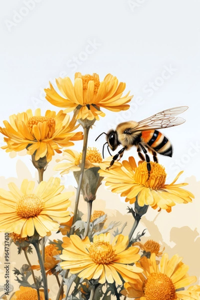 Fototapeta generated illustration of honey bee collecting nectar from a blooming chamomile flower
