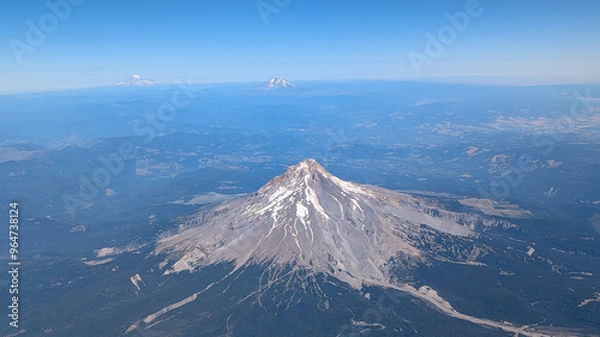 Obraz Aerial view wide angle of Mt Hood, Mt Adams and Mt Rainier, Cascade Mountain range, Pacific Northwest, USA