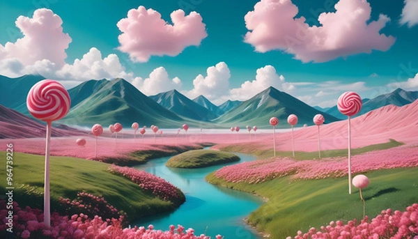 Obraz A whimsical fantasy landscape with a pink mountain, large lollipops, and a river flowing through a field of pink flowers under a blue sky with fluffy clouds