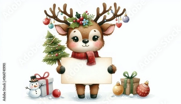 Fototapeta A cheerful watercolor illustration of a reindeer with festive decorations holding a blank sign. Perfect for Christmas greetings, holiday cards, or festive social media posts. The reindeer is decorated