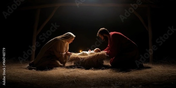 Fototapeta Mary and Joseph are by the manger in the stable caring for the infant Jesus 