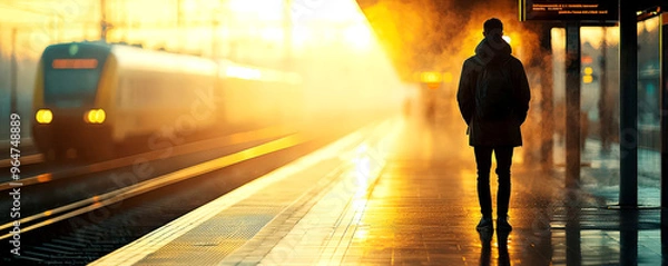 Fototapeta Person standing at a train station platform at dawn, ready to embark on a new adventure