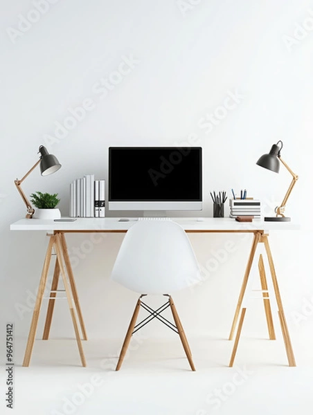 Fototapeta desk office workspace computer lamp chair plant minimalism furniture white modern organized home office stylish decor work desk wooden legs scandinavian design 