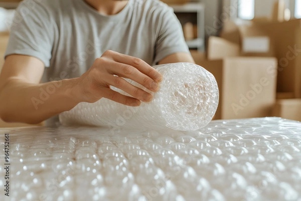 Fototapeta Person Using Bubble Wrap for Protection | Secure Packaging and Safe Shipping Solution