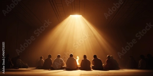 Fototapeta The Apostles are seated in a circle, looking upwards as flames of the Holy Spirit rest above them. 