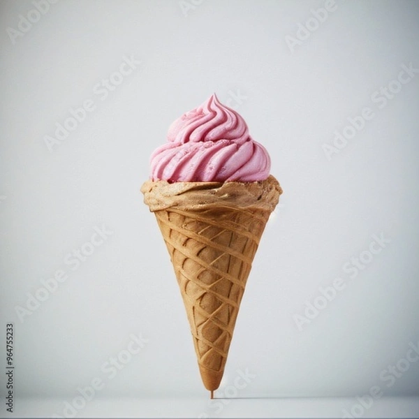 Fototapeta Pink soft serve ice cream in a cone on white background..