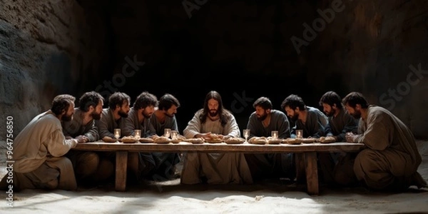Fototapeta Jesus is sharing bread and wine with his disciples during the Last Supper