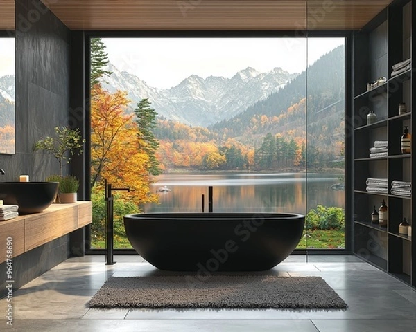Obraz Modern Minimalist Bathroom with Autumn Mountain View Black Tub Greenery Against a Panoramic Window