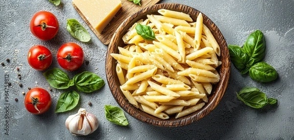 Obraz Overhead View of Penne Pasta with Tomatoes and Basil on a Rustic Background