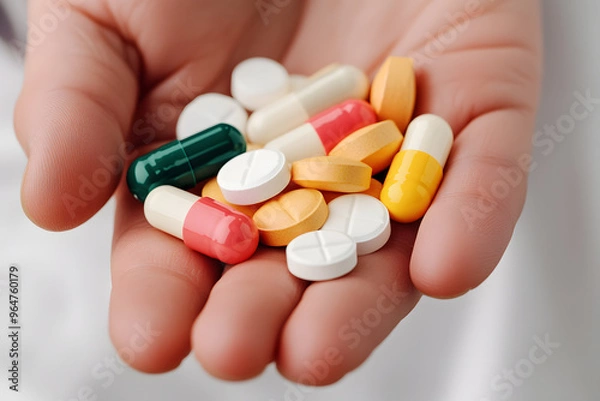 Obraz Hand Holding a Variety of Pills and Tablets | Health, Medication, and Pharmaceutical Care